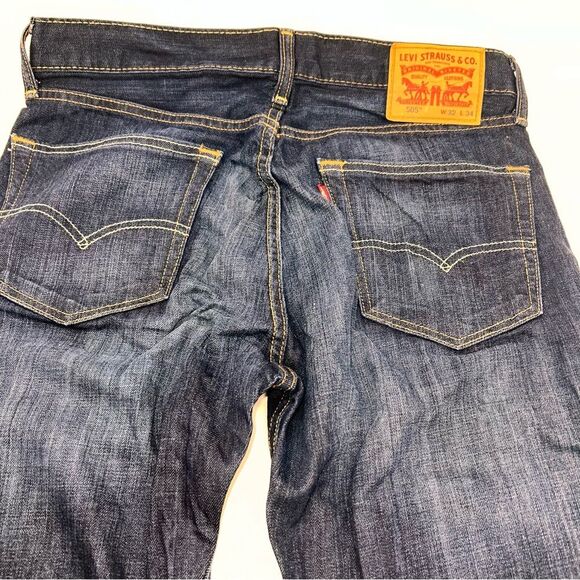 Levi 505 Men's Dark Wash Mid Rise Straight Leg Denim Jeans Size W32 L34 Tall - Picture 4 of 9